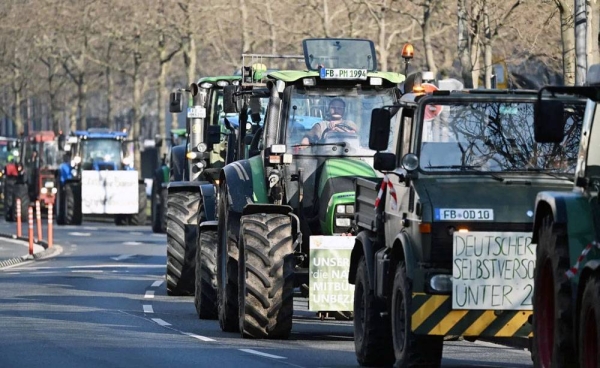 Farmers demonstrate against government plans to scrap diesel tax subsidies for agriculture vehicles in Frankfurt, western Germany, on Jan. 11, 2024.— courtesy Getty Images