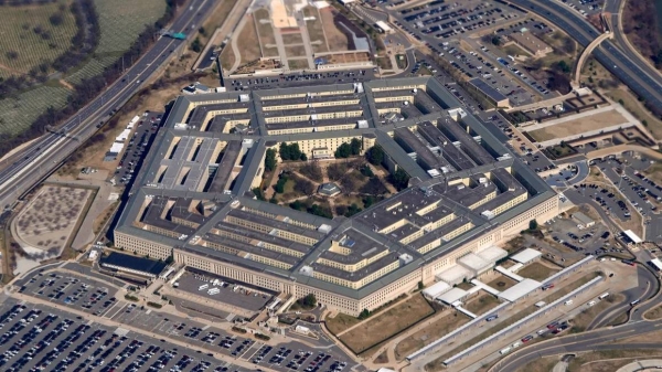 The Pentagon is seen from Air Force One as it flies over Washington, DC