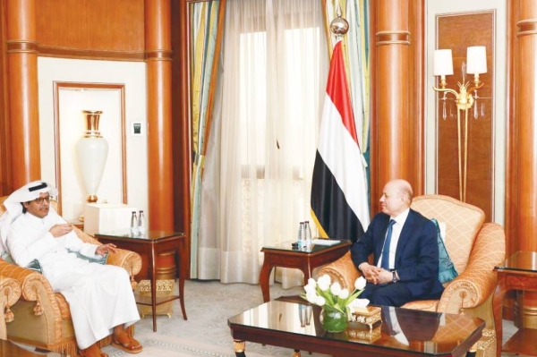 President of the Yemeni Presidential Leadership Council, Dr. Rashad Al-Alimi meets with Jameel Al-Theyabi, the Editor-in-Chief of Okaz newspaper in Riyadh on Wednesday.