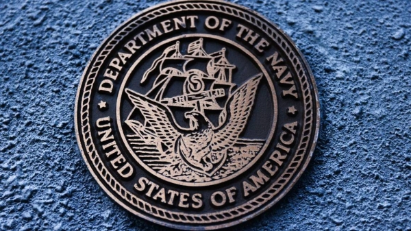 The United States Department of the Navy emblem is seen on a monument in Streator, Illinois, United States.
