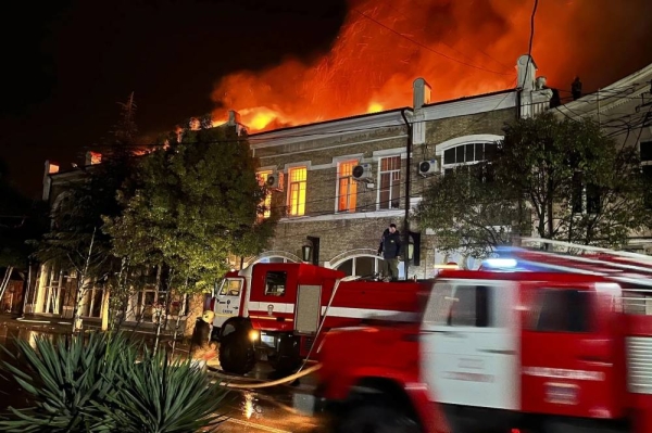 Firefighters work to put out the blaze at the National Art Gallery in Abkhazia, a breakaway republic that is officially part of Georgia