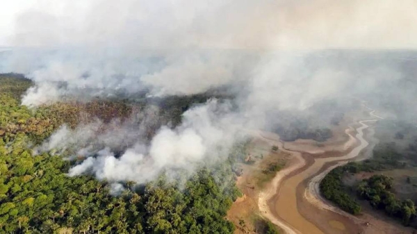 Smoke from a wildfire in the Amazon rainforest near a dry river in Amazonas state, Brazil, September, 2023. — courtesy Reuters