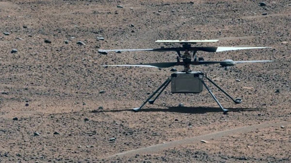 The Ingenuity helicopter, seen here on Mars in an image taken by the Perseverance rover on August 2, 2023, has flown for the last time. — courtesy NASA/JPL-Caltech