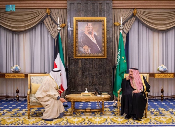 Custodian of the Two Holy Mosques King Salman received the Emir of Kuwait Sheikh Mishal Al-Ahmad Al-Jaber Al-Sabah at the Arqa Palace in Riyadh on Tuesday.