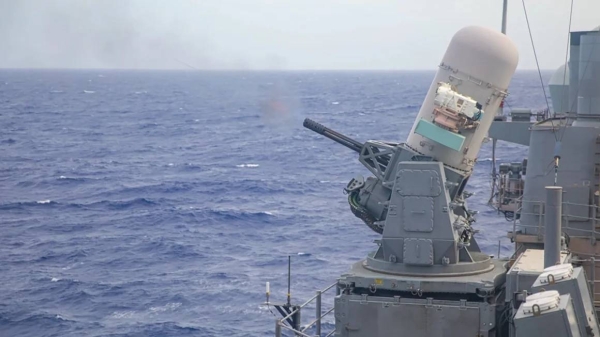 The guided-missile cruiser USS Antietam fires a Phalanx Close-In Weapon System (CIWS) during a live-fire exercise, Philippine Sea, on June 6, 2022