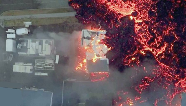 Drone footage from Jan. 14 shows lava engulf houses in Grindavik.