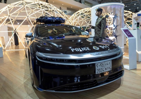 The first ever Saudi made Lucid electric vehicle, equipped with drone and artificial intelligence technologies, is on display at the World Defense Show, which kicked off in Riyadh on Sunday. 