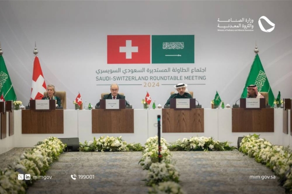 Saudi Minister of Investment Eng. Khalid Al-Falih addressing a Saudi-Swiss round table meeting in Riyadh on Monday.