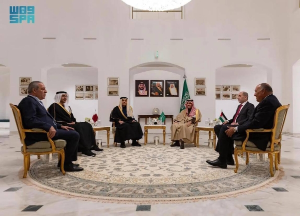 Saudi Minister of Foreign Affairs Prince Faisal bin Farhan and Arab foreign ministers attending a consultative meeting in Riyadh on Thursday.