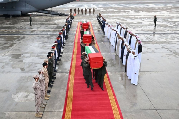The remains of the martyred soldiers were repatriated to Abu Dhabi, arriving at Al Bateen Executive Airport aboard a military aircraft. (WAM)