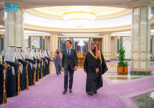 Saudi Crown Prince and Prime Minister Mohammed bin Salman receives Prime Minister of the Netherlands Mark Rutte in Riyadh on Tuesday.

