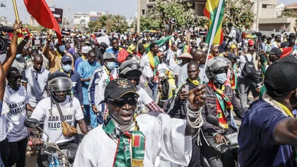Protesters marching in Dakar calling for swift presidential elections in Senegal on Saturday —courtesy Getty Images