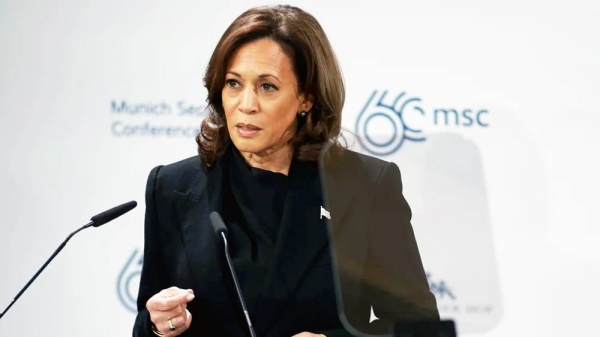 US Vice President Kamala Harris speaks on stage at the 2024 Munich Security Conference on in Munich, Germany. 