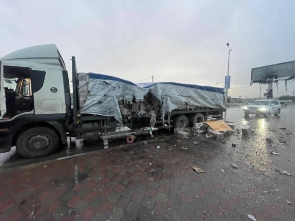 A flat-bed truck carrying food, part of an UNRWA aid convoy that was struck by Israeli fire en route to northern Gaza on February 5