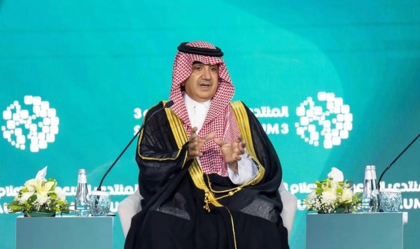 Waleed Al-Ibrahim, chairman of the Board of Directors of the MBC Group and Al Arabiya Network, addressing a session at Saudi Media Forum in Riyadh on Tuesday.