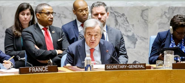 Secretary-General António Guterres addresses the UN Security Council meeting on the maintenance of peace and security in Ukraine. — courtesy UN Photo/Loey Felipe