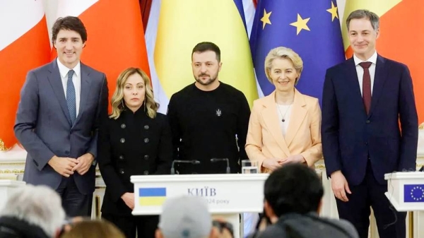 

Western leaders joined the Ukrainian President Volodymyr Zelensky in Kyiv to mark the anniversary. They are from left, Justin Trudeau, Giorgia Meloni, Zelensky, Ursula von der Leyen, Alexander De Croo. — courtesy Shutterstock