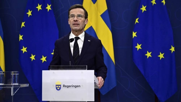 Sweden's Prime Minister Ulf Kristersson speaks to the press in Stockholm, Sweden, on Feb. 26