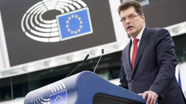 Janez Lenarčič, European Commissioner for humanitarian aid and crisis management, speaks before the European Parliament in Strasbourg on 27 February 2024