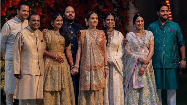 The Ambani family at the engagement of Radhika Merchant (third from left) and Anant Ambani (fourth from left) in January 2023