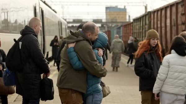 Freight carriages are lined up on the platforms at Kramatorsk station to provide cover from Russian attacks