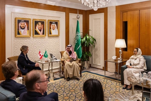 Saudi Minister of Foreign Affairs Prince Faisal bin Farhan and his Canadian counterpart Mélanie Joly hold talks in Riyadh on Thursday.
