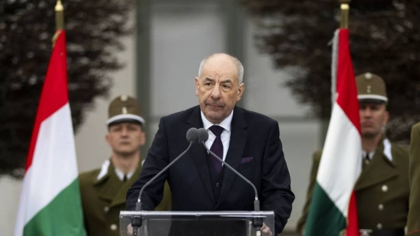 Hungary's newly elected president Tamas Sulyok gives a ceremonial speech at his inauguration ceremony in Budapest.