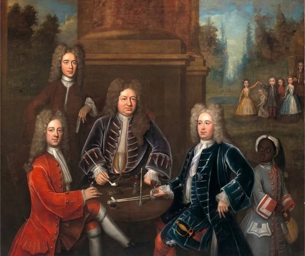 An 18th Century British painting of Elihu Yale (centre) in which he's seen with a child slave