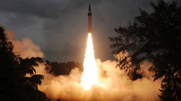 India's Agni-5 missile is shown during a 2013 test launch. On Monday, the country tested the same missile with multiple independently targetable reentry vehicle technology