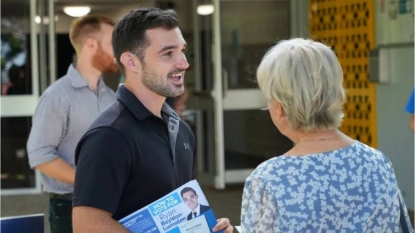 Ryan Bayldon-Lumsden speaks to voters in Runaway Bay, Queensland