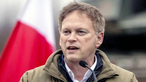 Grant Shapps speaks during a join press conference with Polish Defense Minister after their meeting on a military training compound next to Orzysz, North-Eastern Poland. — courtesy Getty Images