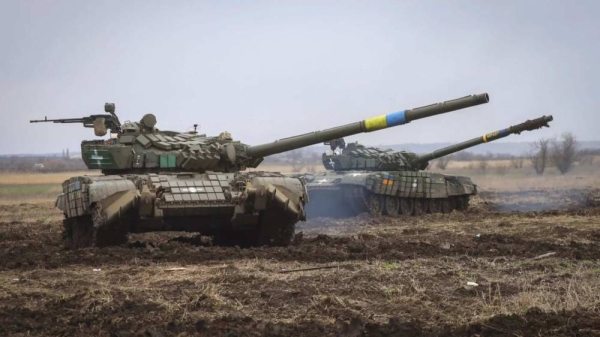 Ukrainian army tanks exercise as soldiers check the readiness of equipment for combat deployment, at a military base in Zaporizhzhia region, Ukraine, Wednesday, Apr. 5, 2023