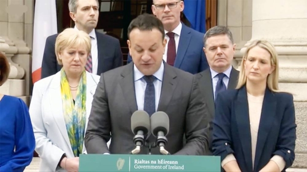 Irish PM Leo Varadkar fights back tears announcing his resignation in Dublin on Wednesday.