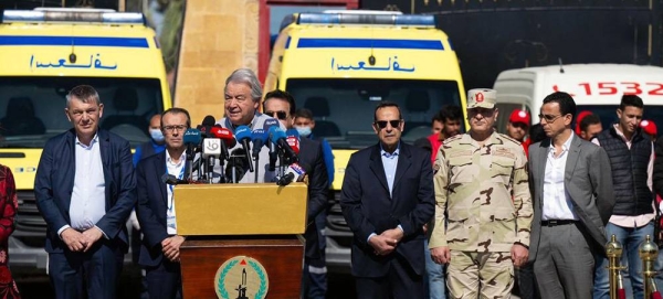 UN Secretary-General António Guterres addresses the media at the Rafah crossing between Egypt and Gaza. — courtesy UN Photo/Mark Garten