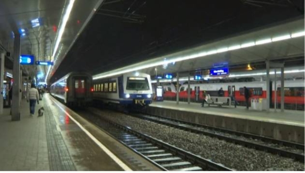 A train leaves the main train station in Frankfurt, Germany