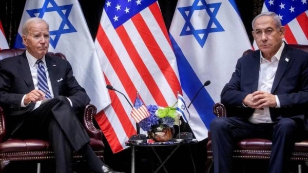 US President Joe Biden and Israel Prime Minister Benjamin Netanyahu seated next to each other at a press conference.