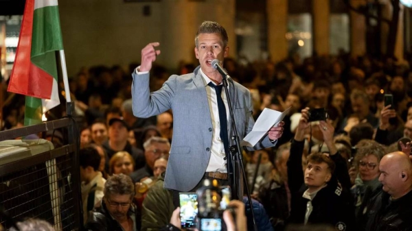 Former Hungarian government insider Peter Magyar gives a speech next tot Kossut Lajos Square on Tuesdy, in Budapest