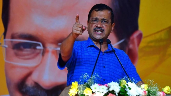 Delhi's chief minister Arvind Kejriwal speaks during a public rally in Guwahati on April 2, 2023