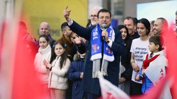 Istanbul Mayor Ekrem Imamoglu of the main opposition Republican People’s Party (CHP) addresses the supporters during an election campaign rally in Istanbul . — courtesy EPA