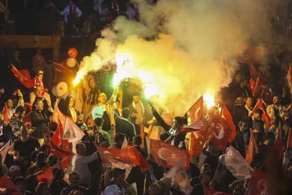 Republican People's Party, or CHP, supporters gather outside the City Hall in Ankara, Sunday, March 31, 2024