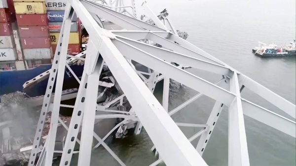 Screengrab of the moment Dali cargo ship crashed into the Francis Scott Key Bridge in Baltimore, which collapsed.