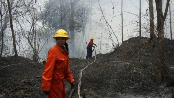 Volunteers of the Central University of Venezuela firefighter brigade battle a wildfire in Henri Pittier National Park in Maracay, Venezuela on March 29