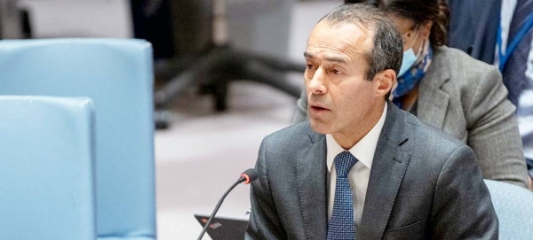 Khaled Khiari, assistant secretary-general for Middle East, Asia and the Pacific of the Departments of Political and Peacebuilding Affairs and Peace Operations, briefs the Security Council meeting on threats to international peace and security. — courtesy UN Photo/Eskinder Debebe