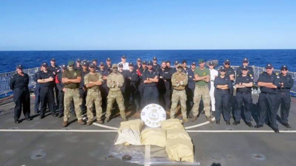 British sailors, Royal Marines and a US Coast Guard team on HMS Trent intercepted a smuggling speedboat. — courtesy Ministry of Defense