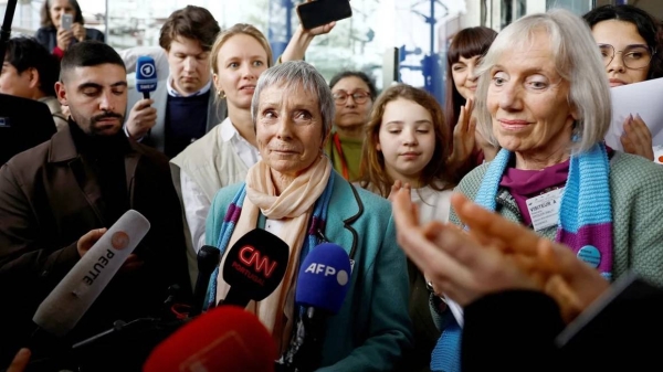 Anne Mahrer and Rosmarie Wyder-Walti, of the Senior Women for Climate Protection, after their victory at the European Court of Human Rights in Strasbourg, France on April 9, 2024