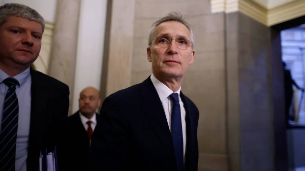 NATO Secretary General Jens Stoltenberg (C) leaves the offices of Speaker of the House Mike Johnson (R-LA) following meetings at the US Capitol on January 30, 2024, in Washington, DC