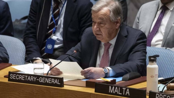 UN Secretary-General Antonio Guterres addresses the Security Council during an emergency meeting at UN headquarters, Sunday.