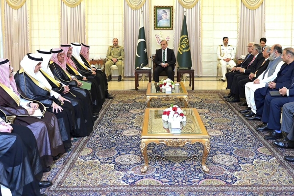 Pakistan’s Prime Minister Muhammad Shehbaz Sharif holds talks with Saudi Foreign Minister Prince Faisal bin Farhan in Islamabad on Tuesday.