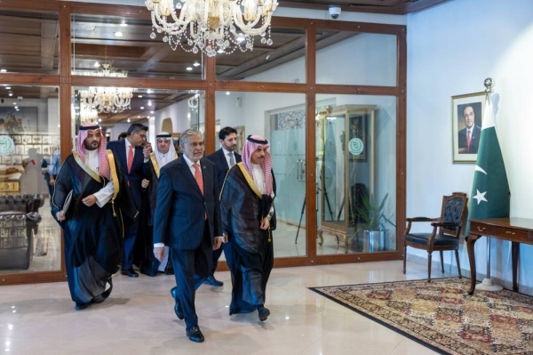 Saudi Foreign Minister Prince Faisal bin Farhan and his Pakistani counterpart Ishaq Dar in Islamabad on Tuesday.
