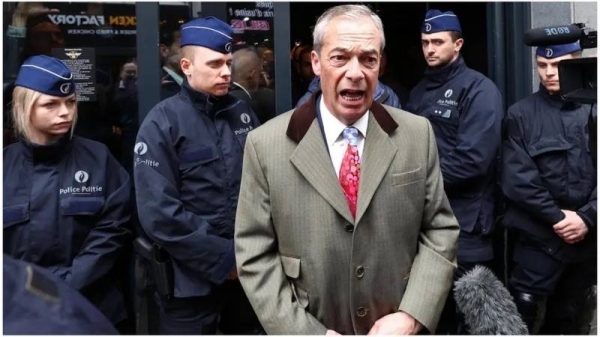Nigel Farage, seen outside the venue, said the decision to shut the conference down was as an attempt to stifle free speech. — courtesy Reuters